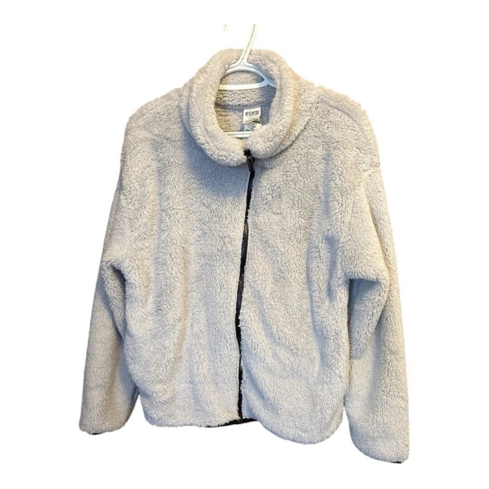 PINK Victorias Secret Zip Up Soft Fleece SherpaJacket Light Gray Size M NWT